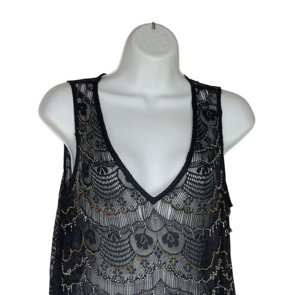 Love & Legend Black Lace With Gold Silver  Beading Sheer Sleeveless Top Large - Picture 4 of 12